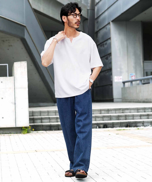 【接触冷感&UV】プレーティングキーネック半袖Tシャツ