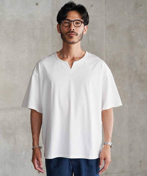 【接触冷感&UV】プレーティングキーネック半袖Tシャツ