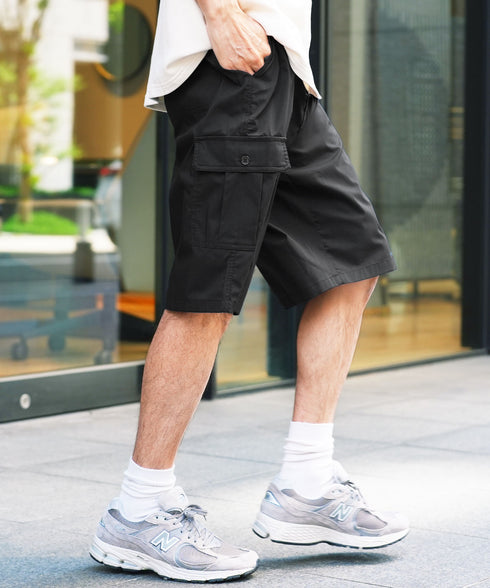 ワイドカーゴイージーハーフパンツ│メンズ カーゴパンツ ショートパンツ 短パン ワイド ゆったり カーキ ブラック イージーパンツ
