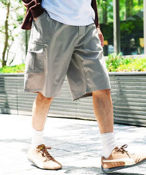 ワイドカーゴイージーハーフパンツ│メンズ カーゴパンツ ショートパンツ 短パン ワイド ゆったり カーキ ブラック イージーパンツ