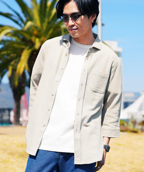 パナマシャツ | 綿コットン シャツ メンズ カジュアルシャツ 白シャツ 7分袖 長袖 吸水 吸湿 伸縮 ストレッチ 無地