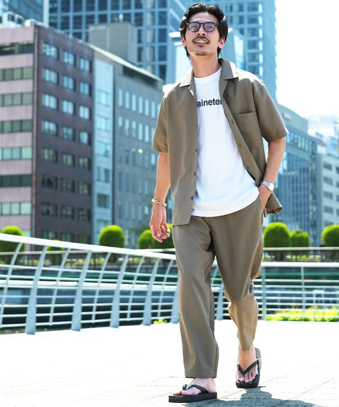 【2点SET】接触冷感リネンライク半袖シャツテーパードパンツセットアップ