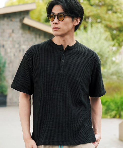 (一部3月下旬発送予定)ワッフルサーマル 半袖T ヘンリーネック | Tシャツ メンズ ヘンリーネック 半袖 サーマル生地 涼しい 通気性 伸縮 ストレッチ ミリタリー トップス 大人【一部予約1260】