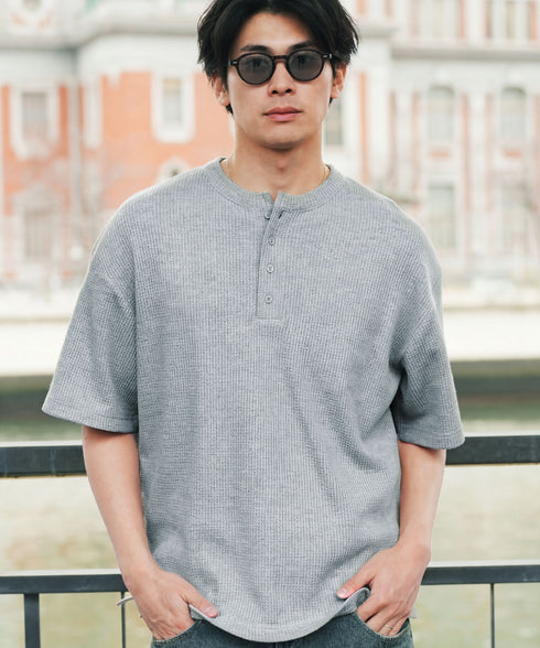 (一部3月下旬発送予定)ワッフルサーマル 半袖T ヘンリーネック | Tシャツ メンズ ヘンリーネック 半袖 サーマル生地 涼しい 通気性 伸縮 ストレッチ ミリタリー トップス 大人【一部予約1260】