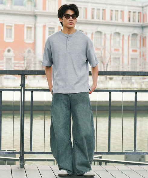 (一部3月下旬発送予定)ワッフルサーマル 半袖T ヘンリーネック | Tシャツ メンズ ヘンリーネック 半袖 サーマル生地 涼しい 通気性 伸縮 ストレッチ ミリタリー トップス 大人【一部予約1260】