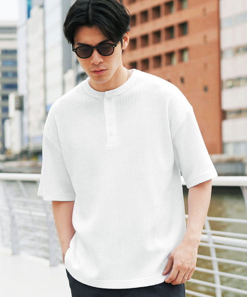 (一部3月下旬発送予定)ワッフルサーマル 半袖T ヘンリーネック | Tシャツ メンズ ヘンリーネック 半袖 サーマル生地 涼しい 通気性 伸縮 ストレッチ ミリタリー トップス 大人【一部予約1260】