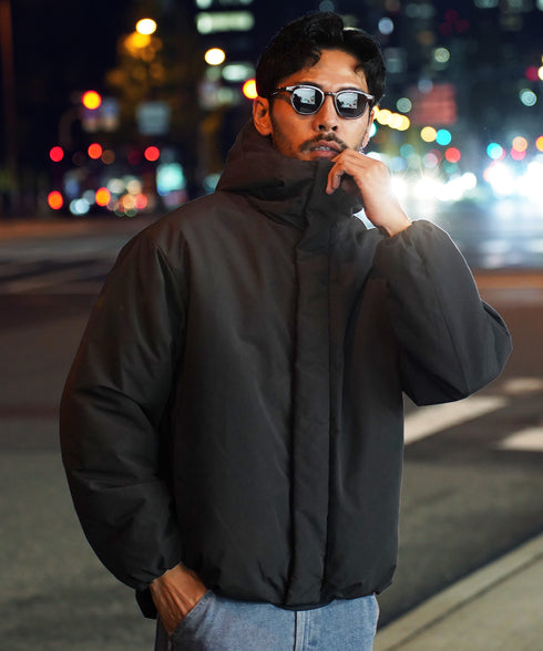 ピーチスキン撥水加工防風フィルム中綿フードブルゾン│暖かい アウター アウトドア 水を弾く 風を通さない 雨 雪 寒さ対策 首まで暖かい シンプル