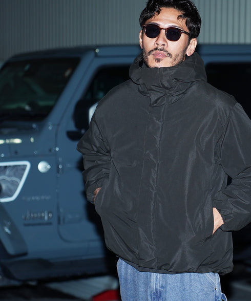 ピーチスキン撥水加工防風フィルム中綿フードブルゾン│暖かい アウター アウトドア 水を弾く 風を通さない 雨 雪 寒さ対策 首まで暖かい シンプル