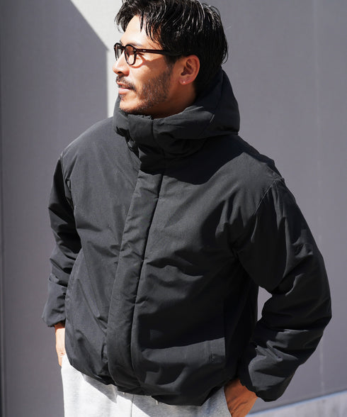 ピーチスキン撥水加工防風フィルム中綿フードブルゾン│暖かい アウター アウトドア 水を弾く 風を通さない 雨 雪 寒さ対策 首まで暖かい シンプル