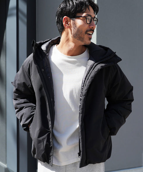 ピーチスキン撥水加工防風フィルム中綿フードブルゾン│暖かい アウター アウトドア 水を弾く 風を通さない 雨 雪 寒さ対策 首まで暖かい シンプル