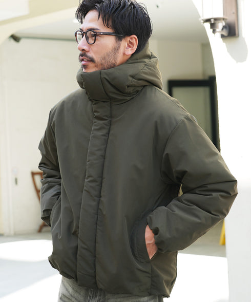 ピーチスキン撥水加工防風フィルム中綿フードブルゾン│暖かい アウター アウトドア 水を弾く 風を通さない 雨 雪 寒さ対策 首まで暖かい シンプル