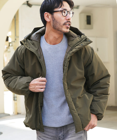 ピーチスキン撥水加工防風フィルム中綿フードブルゾン│暖かい アウター アウトドア 水を弾く 風を通さない 雨 雪 寒さ対策 首まで暖かい シンプル