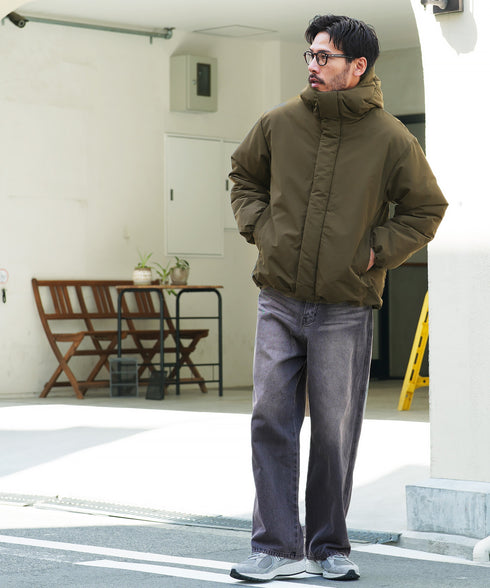 ピーチスキン撥水加工防風フィルム中綿フードブルゾン│暖かい アウター アウトドア 水を弾く 風を通さない 雨 雪 寒さ対策 首まで暖かい シンプル