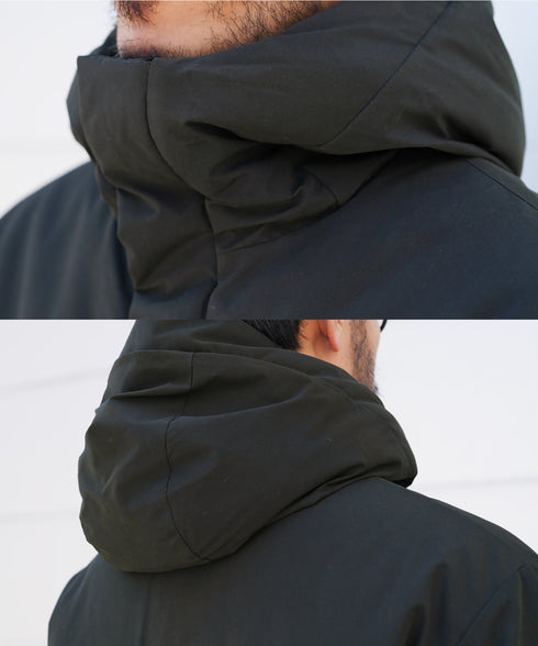ピーチスキン撥水加工防風フィルム中綿フードブルゾン│暖かい アウター アウトドア 水を弾く 風を通さない 雨 雪 寒さ対策 首まで暖かい シンプル