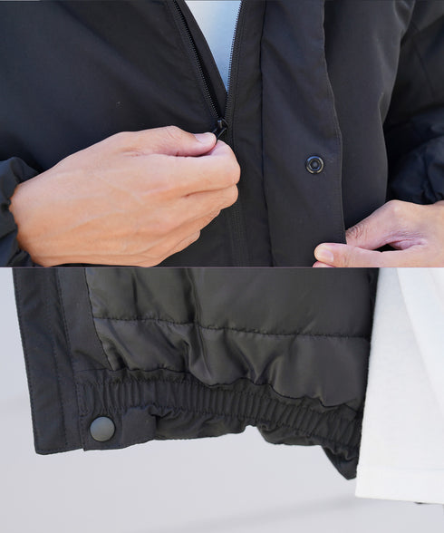 ピーチスキン撥水加工防風フィルム中綿フードブルゾン│暖かい アウター アウトドア 水を弾く 風を通さない 雨 雪 寒さ対策 首まで暖かい シンプル