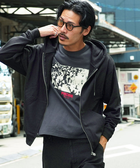 裏毛ワンポイント刺繍ZIPスウェットパーカー│メンズジップアップパーカー ダブルジップ レイヤード ブラック グレー ネイビー ブラウン
