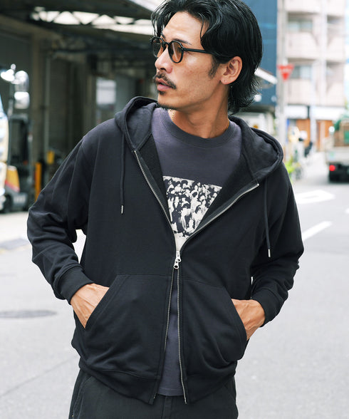 裏毛ワンポイント刺繍ZIPスウェットパーカー│メンズジップアップパーカー ダブルジップ レイヤード ブラック グレー ネイビー ブラウン