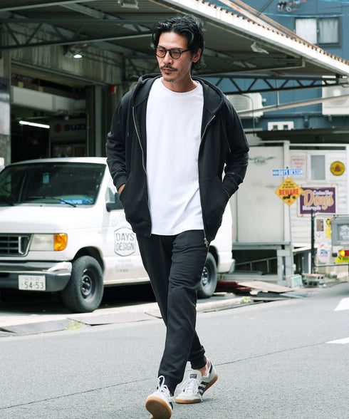 裏毛ワンポイント刺繍ZIPスウェットパーカー│メンズジップアップパーカー ダブルジップ レイヤード ブラック グレー ネイビー ブラウン