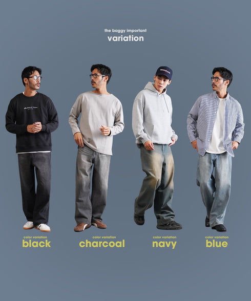 12.5OZ オーバーダイバギーデニム│メンズワイドデニム 太め ワイドシルエット ビンテージ加工 ウォッシュ加工 ワイドデニム