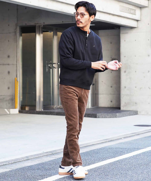 裏起毛 ヘンリーネックスウェット│暖かい トレーナー ボタン ワンポイント ゆったり メンズ