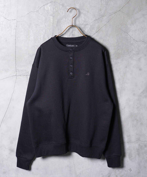 裏起毛 ヘンリーネックスウェット│暖かい トレーナー ボタン ワンポイント ゆったり メンズ