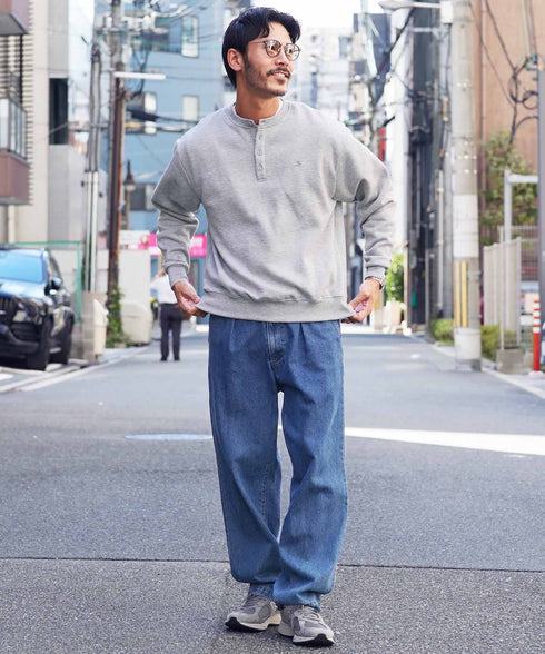 裏起毛 ヘンリーネックスウェット│暖かい トレーナー ボタン ワンポイント ゆったり メンズ