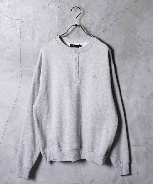 裏起毛 ヘンリーネックスウェット│暖かい トレーナー ボタン ワンポイント ゆったり メンズ