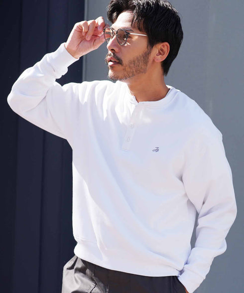 裏起毛 ヘンリーネックスウェット│暖かい トレーナー ボタン ワンポイント ゆったり メンズ