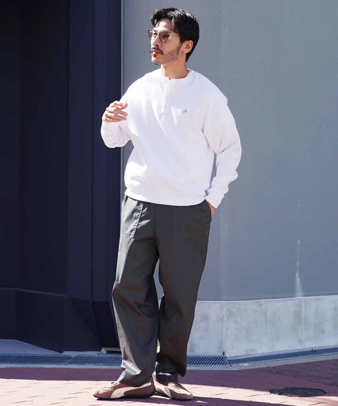 裏起毛 ヘンリーネックスウェット│暖かい トレーナー ボタン ワンポイント ゆったり メンズ