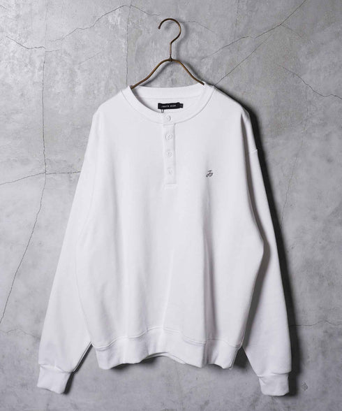 裏起毛 ヘンリーネックスウェット│暖かい トレーナー ボタン ワンポイント ゆったり メンズ