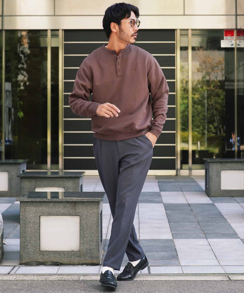 裏起毛 ヘンリーネックスウェット│暖かい トレーナー ボタン ワンポイント ゆったり メンズ