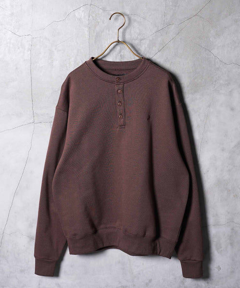 裏起毛 ヘンリーネックスウェット│暖かい トレーナー ボタン ワンポイント ゆったり メンズ