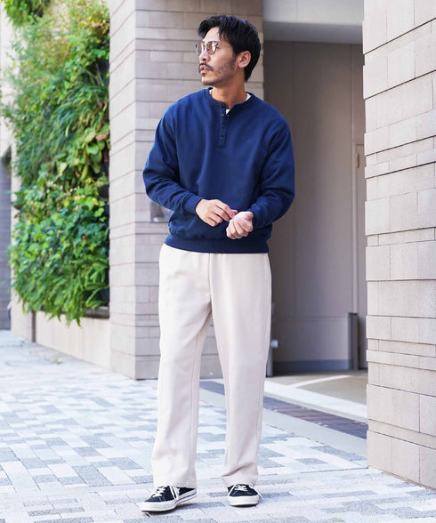 裏起毛 ヘンリーネックスウェット│暖かい トレーナー ボタン ワンポイント ゆったり メンズ