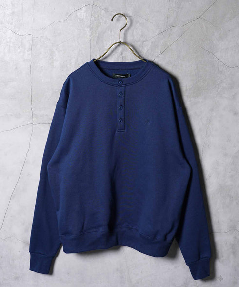 裏起毛 ヘンリーネックスウェット│暖かい トレーナー ボタン ワンポイント ゆったり メンズ