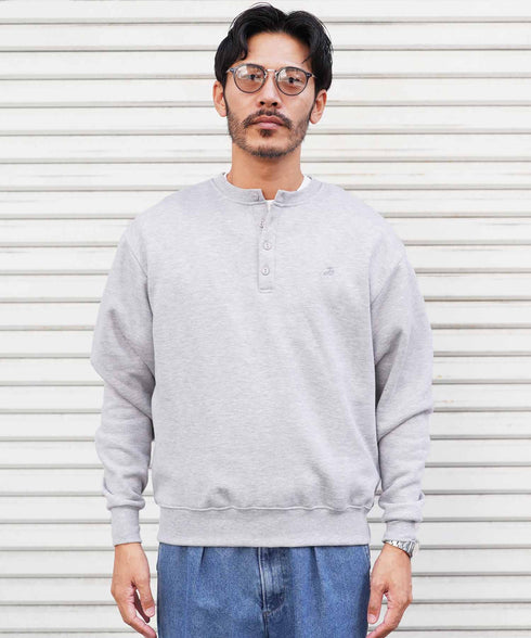 裏起毛 ヘンリーネックスウェット│暖かい トレーナー ボタン ワンポイント ゆったり メンズ