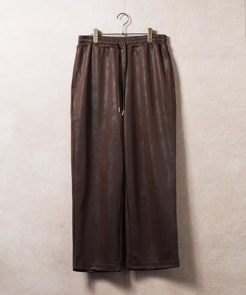 レザーライクジャージルーズフィットテーパードパンツ | メンズ ワイドパンツ イージーパンツ 合皮風 ダンボールニット 4WAYストレッチ ウエストゴム ドローコード セットアップ ストリート ブラック ブラウン 秋服 冬服 20代 30代 40代