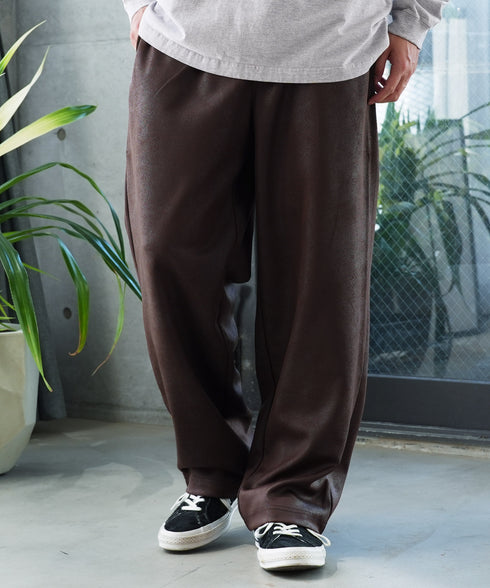 レザーライクジャージルーズフィットテーパードパンツ | メンズ ワイドパンツ イージーパンツ 合皮風 ダンボールニット 4WAYストレッチ ウエストゴム ドローコード セットアップ ストリート ブラック ブラウン 秋服 冬服 20代 30代 40代