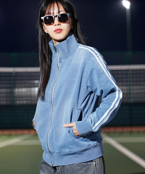 スウェットデニムトラックジャケット | トラックジャケット メンズ ブルゾン アウター ジップ デニム スリム スウェット デニムジャケット デニムジャージ サイドライン ラインジャケット ストレッチ 細身 スポーツ ダンス ジム LL 2XL 服 秋服 秋 春服 春