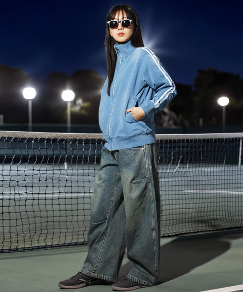 スウェットデニムトラックジャケット | トラックジャケット メンズ ブルゾン アウター ジップ デニム スリム スウェット デニムジャケット デニムジャージ サイドライン ラインジャケット ストレッチ 細身 スポーツ ダンス ジム LL 2XL 服 秋服 秋 春服 春