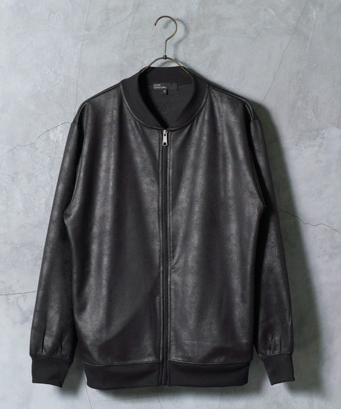 ストレッチフェイクレザージャージブルゾン│メンズ 春ライトアウター トラックジャケット 襟付ジャケット 古着レザー風