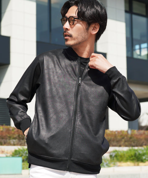 ストレッチフェイクレザージャージブルゾン│メンズ 春ライトアウター トラックジャケット 襟付ジャケット 古着レザー風