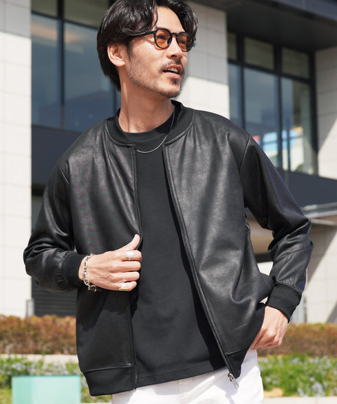 ストレッチフェイクレザージャージブルゾン│メンズ 春ライトアウター トラックジャケット 襟付ジャケット 古着レザー風