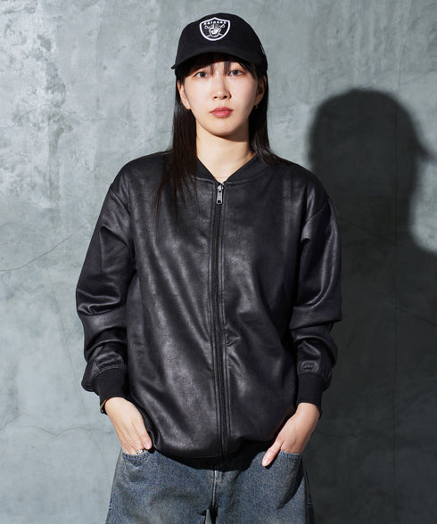 ストレッチフェイクレザージャージブルゾン│メンズ 春ライトアウター トラックジャケット 襟付ジャケット 古着レザー風