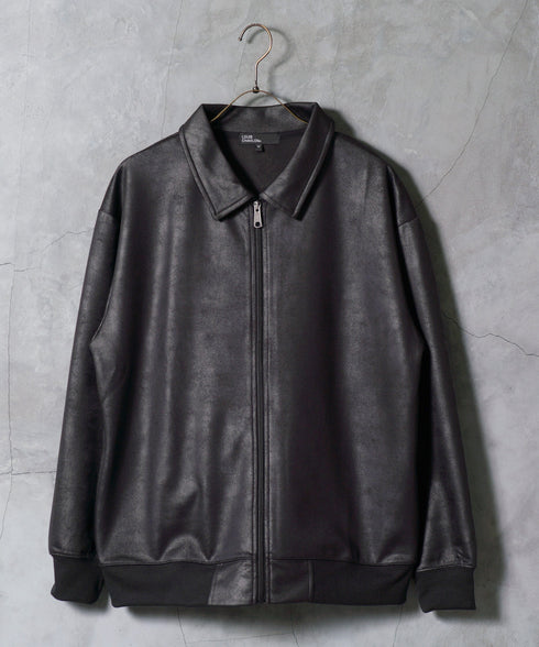 ストレッチフェイクレザージャージブルゾン│メンズ 春ライトアウター トラックジャケット 襟付ジャケット 古着レザー風