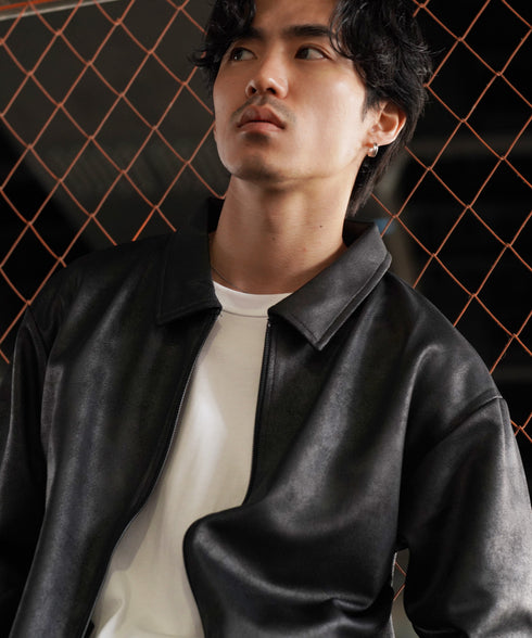 ストレッチフェイクレザージャージブルゾン│メンズ 春ライトアウター トラックジャケット 襟付ジャケット 古着レザー風
