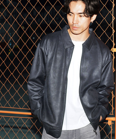 ストレッチフェイクレザージャージブルゾン│メンズ 春ライトアウター トラックジャケット 襟付ジャケット 古着レザー風