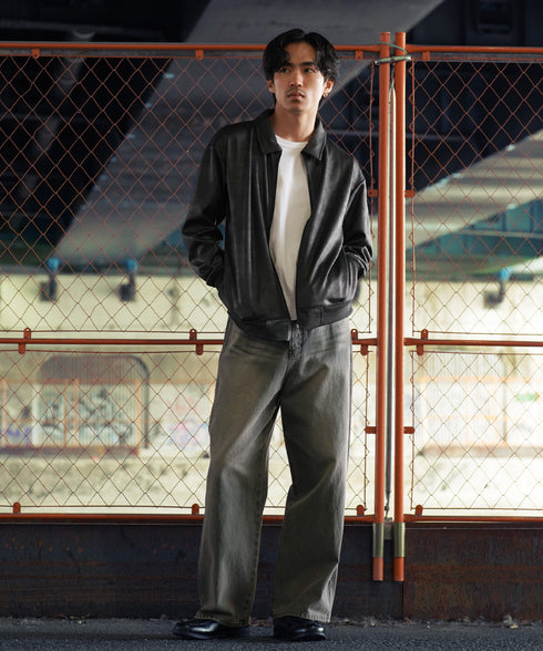 ストレッチフェイクレザージャージブルゾン│メンズ 春ライトアウター トラックジャケット 襟付ジャケット 古着レザー風