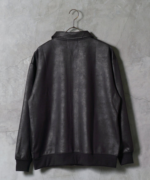 ストレッチフェイクレザージャージブルゾン│メンズ 春ライトアウター トラックジャケット 襟付ジャケット 古着レザー風