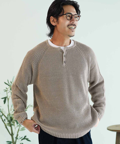 ヘンリーネック畦ニット│メンズ ニット ヘンリー ボタン シンプル ワッフル編み