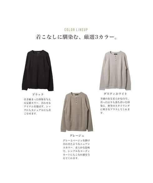 ヘンリーネック畦ニット│メンズ ニット ヘンリー ボタン シンプル ワッフル編み